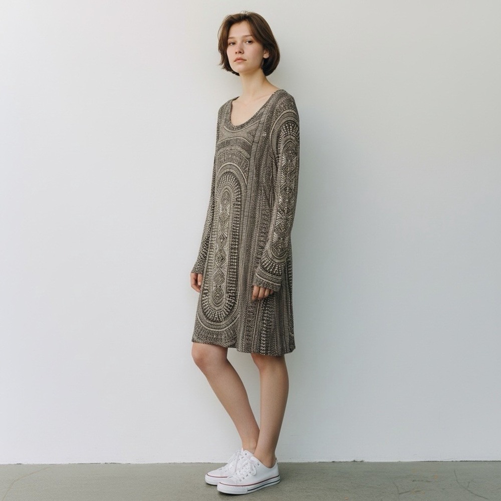 Billabong Womens Brown Tribal Geometric Long Sleeve Scoop Neck Mini‎ Dress S